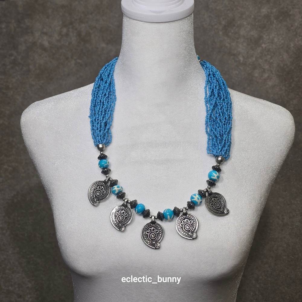 Tibetan-Style Blue Beaded Statement Necklace Silver-Tone Medallions • Boho